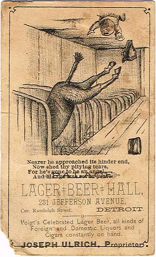 1888 Voigt Brewing Co. Ltd. Joseph Ulrich's Palace Lager Beer Hall Trade Card Detroit, Michigan