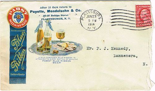 1914 Joseph Payette Julius Mendelsohn & Co. (agents for Pabst) Postal Cover Plattsburg, New York
