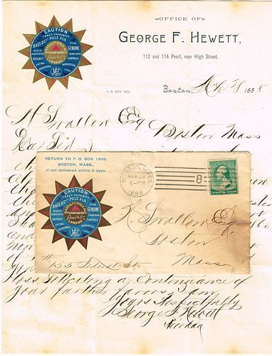 1888 George F. Hewett (agent for Bass & Co's Pale Ale) Postal Cover & Letterhead: Owner's signature Worcester, Massachusetts
