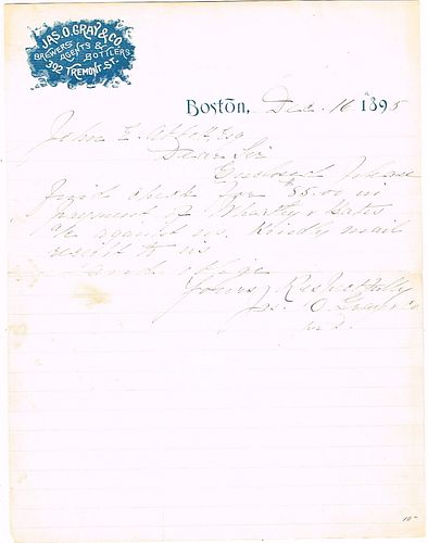 1895 James O. Gray & Co. (agents for Windisch Muhlhauser & Niagara Falls Breweries) Letterhead Boston, Massachusetts