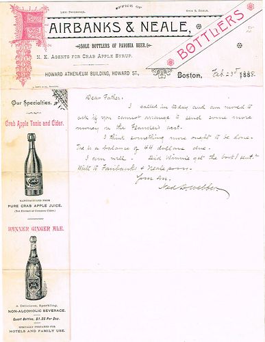 1888 Fairbanks & Neale (Bottlers for Rueter & Alley and A. J. Houghton & Co.) Letterhead Boston, Massachusetts