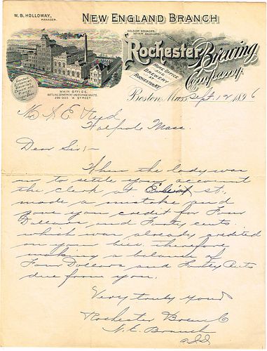 1896 Holloway & Hemman Rochester Brewing Co. (New England Branch) Letterhead Boston, Massachusetts