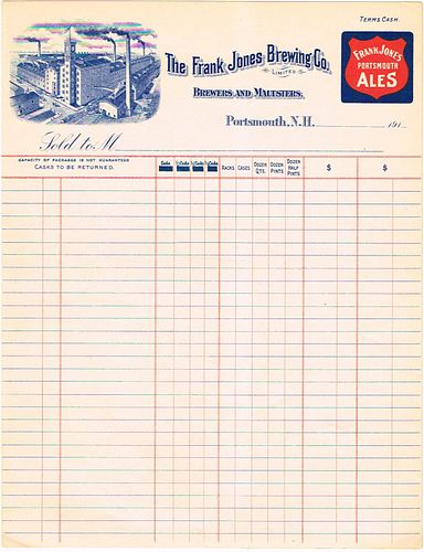 1910 Frank Jones Brewing Co. Ltd. Frank Jones Brewery Billhead Portsmouth, New Hampshire
