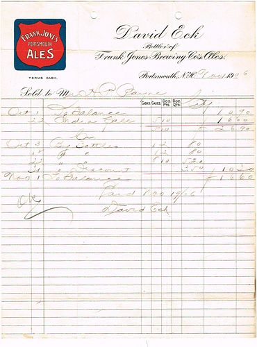 1906 David Eck (bottler for Frank Jones Brewing Co.) Billhead Portsmouth, New Hampshire