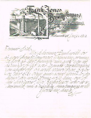 1903 Frank Jones Brewing Co. Ltd. Frank Jones Brewery Letterhead Portsmouth, New Hampshire