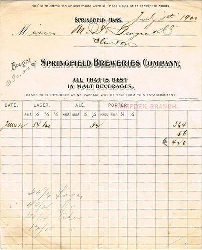 1900 Springfield Breweries Co. Hampden Branch (Headquartered in Springfield MA Billhead Willimansett, Massachusetts