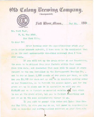 1907 The Old Colony Brewery Letterhead Fall River, Massachusetts