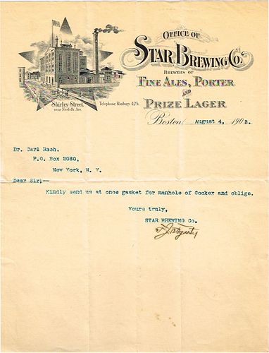 1903 Star Brewing Company Letterhead Boston, Massachusetts