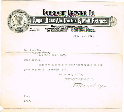 1913 Burkhardt Brewing Co. Letterhead Boston, Massachusetts