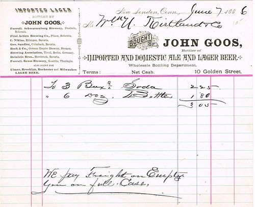 1886 John Goos (Brewers Agent) Billhead New London, Connecticut