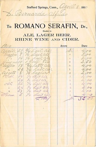 1910 Romano Serafin (Brewers Agent) Billhead Stafford Springs, Connecticut