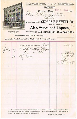 1900 Geo. F. Hewett Co. (Agents for Frank Jones Pabst and Iroquois) Billhead Worcester, Massachusetts