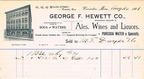1901 Geo. F. Hewett Co. (Agents for Frank Jones Pabst and Iroquois) Billhead Worcester, Massachusetts