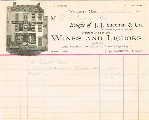 1902 J. J. Sheehan & Co. (agents for Jones Bay State Stanley and Hoffman Breweries) Billhead Worcester, Massachusetts