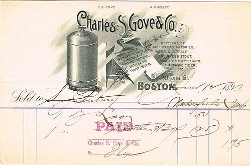 1890 Charles S. Gove & Co. (bottlers for Bass & Co. Guinness & Yuengling of New York) Billhead Boston, Massachusetts