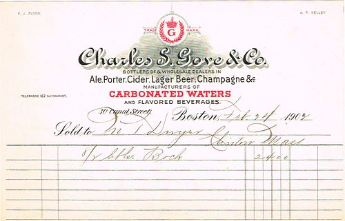 1903 Charles S. Gove & Co. (bottlers for Bass & Co. Guinness & Yuengling of New York) Billhead Boston, Massachusetts