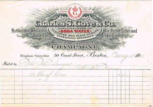 1901 Charles S. Gove & Co. (bottlers for Bass & Co. Guinness & Yuengling of New York) Billhead Boston, Massachusetts