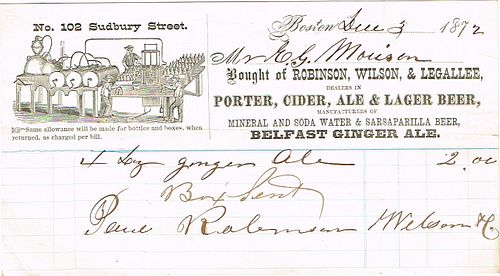 1872 Robinson Wilson & Legallee (agents for Suffolk Brewing Co.) Billhead Boston, Massachusetts