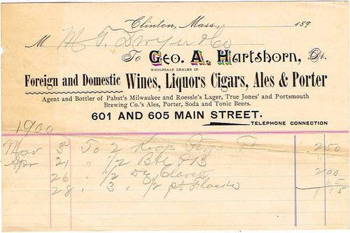 1900 Geo. A. Hartshorn (agent for Pabst Roessle True Jones & Portsmouth Breweries) Billhead Clinton, Massachusetts