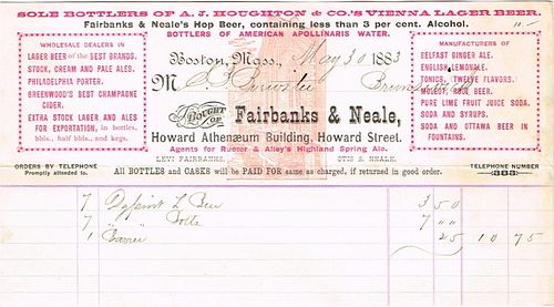 1883 Fairbanks & Neale (Bottlers for Rueter & Alley and A. J. Houghton & Co.) Billhead Boston, Massachusetts