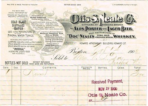 1900 Otis S. Neale (Bottlers for Rueter & Alley and A. J. Houghton & Co.) Billhead Boston, Massachusetts