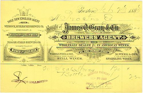 1883 James O. Gray & Co. (agents for Windisch Muhlhauser & Niagara Falls Breweries) Billhead Boston, Massachusetts