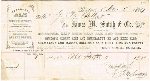 1864 James M. Smith & Co. (agents for Rutledge Dunlop Burkhardt and Massey-Collins) Billhead Boston, Massachusetts