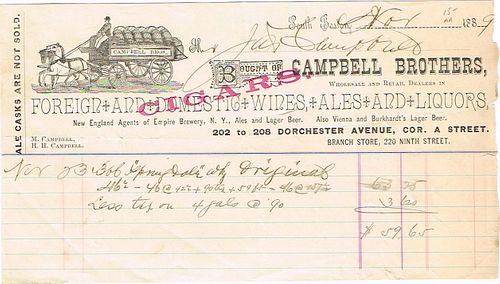 1889 Campbell Brothers (agents for Empire and Burkhardt's Breweries) Billhead South Boston, Massachusetts