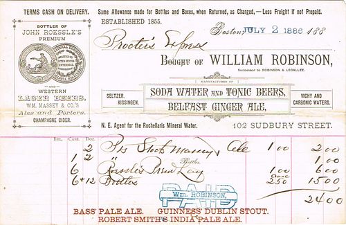 1886 William Robinson (agent for Roessle and William Massey Breweries) Billhead Boston, Massachusetts