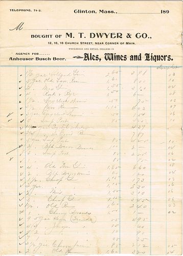1895 M. T. Dwyer & Co. (agents for Anheuser-Busch) Billhead Clinton, Massachusetts