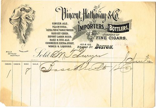 1899 Vincent Hathaway & Co. (agents for Suffolk Brewery Bass and Guinness) Billhead Boston, Massachusetts