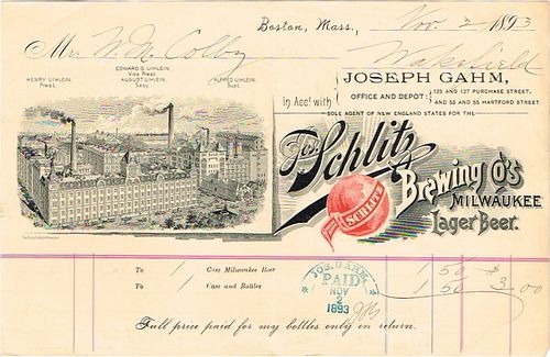 1893 Jos. Gahm (agent for Schlitz) Billhead Boston, Massachusetts