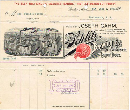1899 Jos. Gahm (agent for Schlitz) Billhead Boston, Massachusetts
