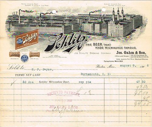 1906 Jos. Gahm & Son (agent for Schlitz) Billhead Boston, Massachusetts