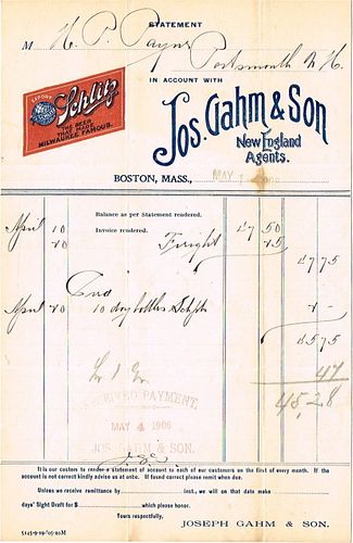 1908 Jos. Gahm & Son (agent for Schlitz) Statement Boston, Massachusetts