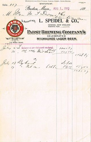 1900 L. Speidel & Co. (agents for Best Pabst and Hanley) Billhead Boston, Massachusetts