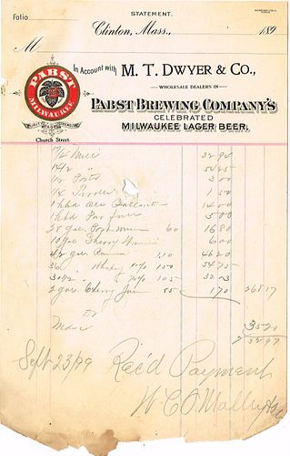 1899 M. T. Dwyer & Co. (agents for Anheuser-Busch) Billhead Clinton, Massachusetts