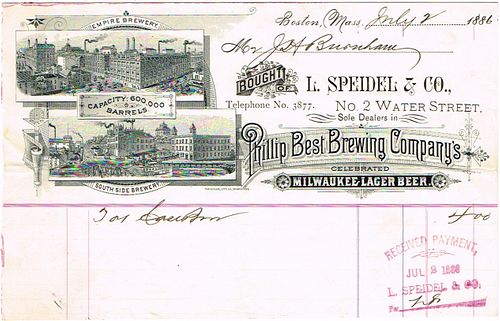 1901 L. Speidel & Co. (agents for Best Pabst and Hanley) Billhead Boston, Massachusetts