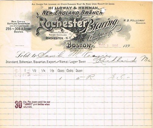 1896 Holloway & Hemman Rochester Brewing Co. (New England Branch) Billhead Boston, Massachusetts