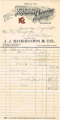 1899 J. J. Sheehan & Co. (Rochester Brewing Co. Depot) Billhead Worcester, Massachusetts