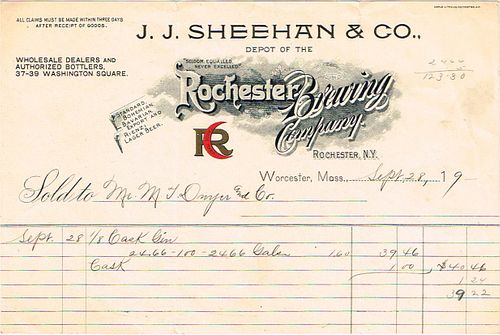 1900 J. J. Sheehan & Co. (Rochester Brewing Co. Depot) Billhead Worcester, Massachusetts