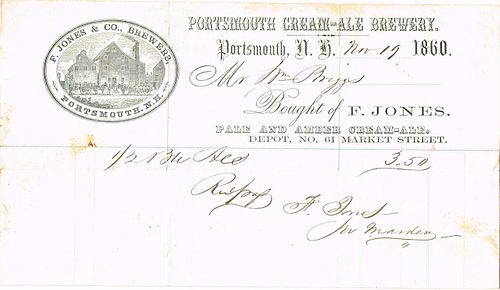 1860 Frank Jones & Co. Portsmouth Cream Ale Brewery Billhead Portsmouth, New Hampshire