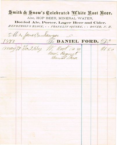 1873 Daniel Ford (brewer's agent) Billhead Dover, New Hampshire