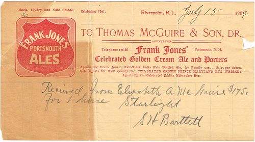 1909 Thomas McGuire & Son (agents for Frank Jones and Schlitz) Billhead River Point, Rhode Island