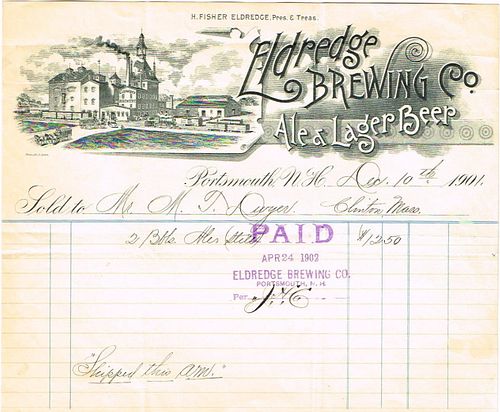 1901 Eldredge Brewing Company Billhead Portsmouth, New Hampshire