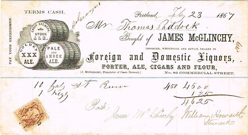 1863 James McGlinchy Casco Brewery Billhead Portland, Maine