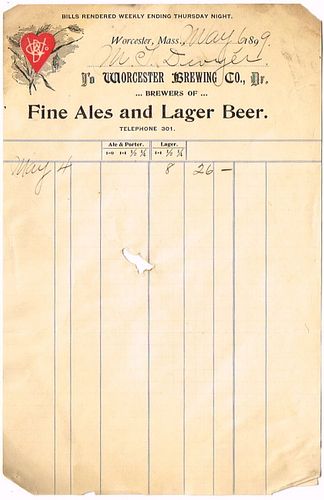 1899 Worcester Brewing Corp. Billhead Worcester, Massachusetts
