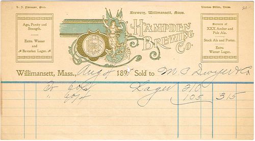 1898 Hampden Brewing Company Billhead Willimansett, Massachusetts