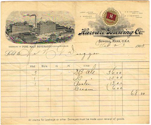 1905 Harvard Brewing Co. Billhead Lowell, Massachusetts