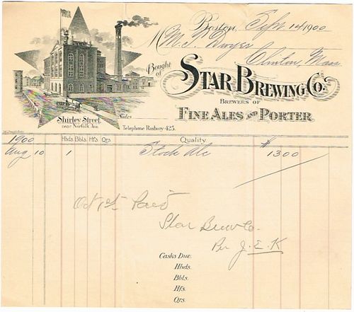 1900 Star Brewing Co Billhead Boston, Massachusetts